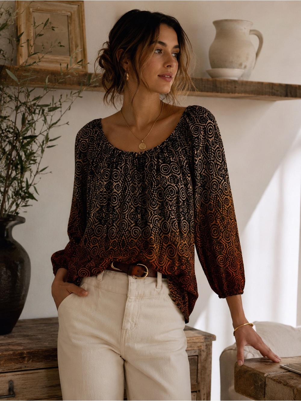 Grand & Greene Boho Peasant Top Medium Rayon Festival Blouse